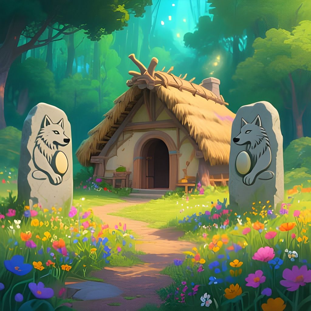 Rustic Fantasy Hut with Stone Wolf Steles in Wildflower Clea...