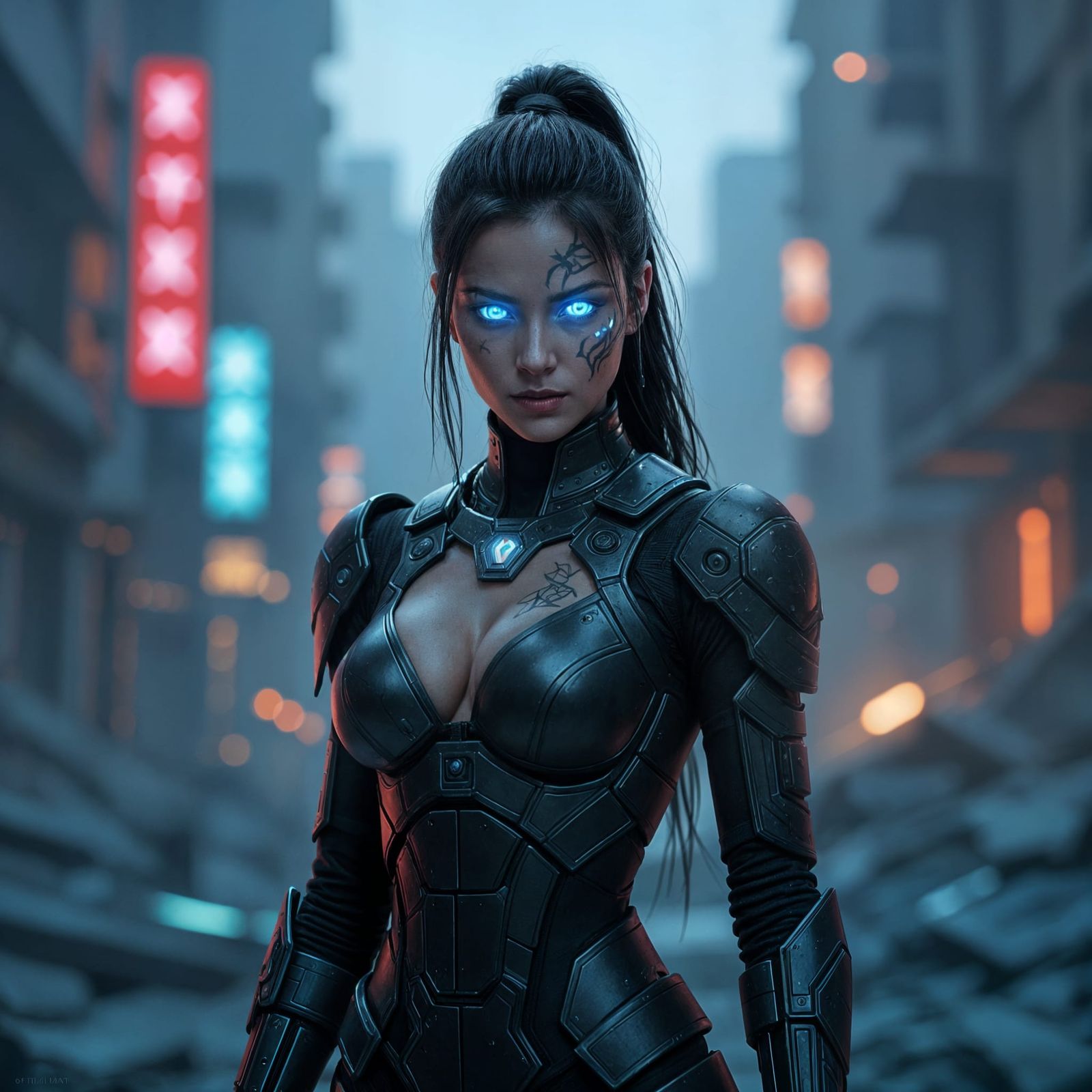 Cybernetic Warrior Woman in Ruined Metropolis