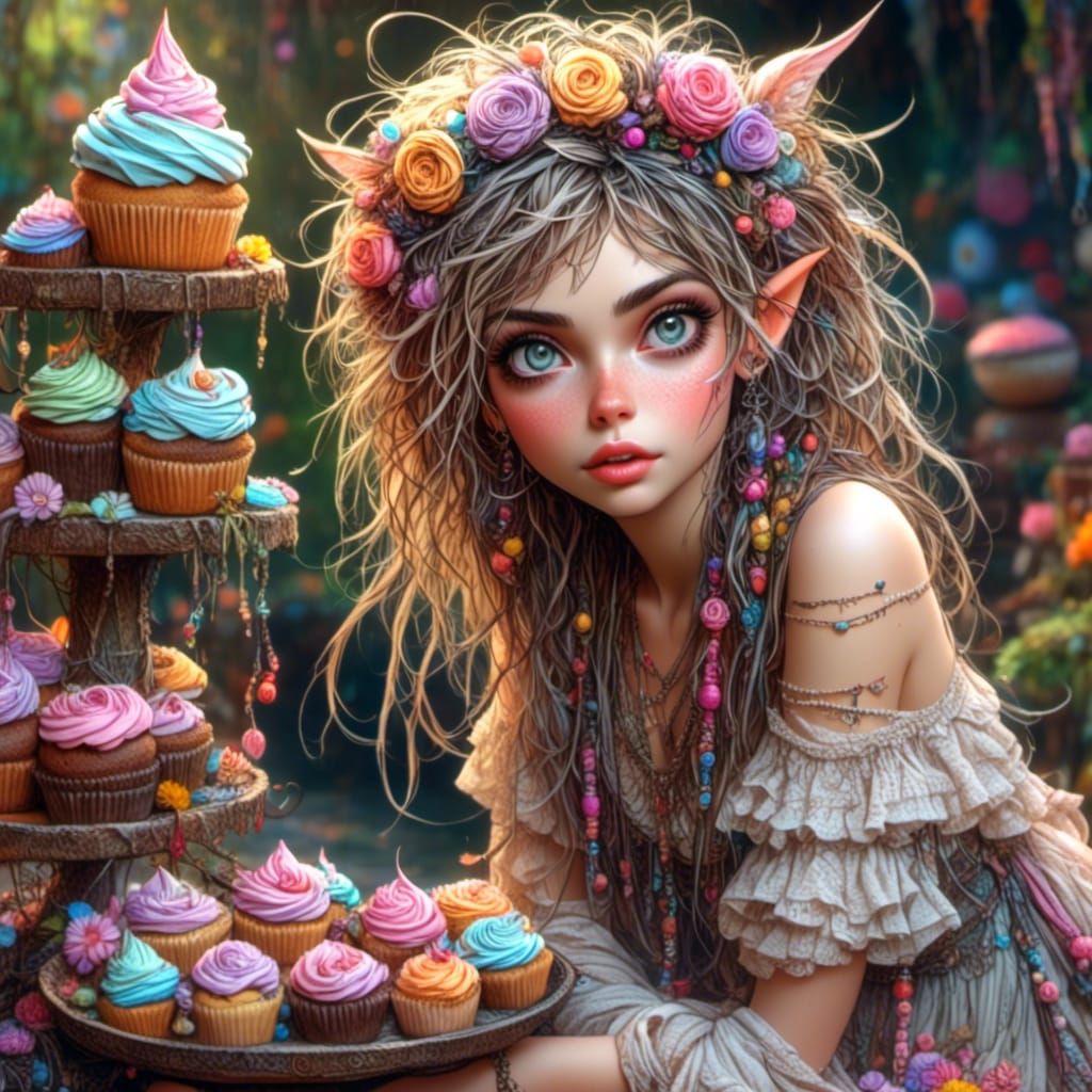 Boho Pixie in Garden with Cupcakes, Digital Art