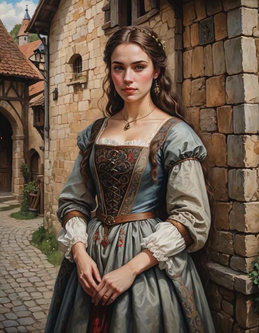 A beautiful young woman in a medieval dress in a medieval vi...