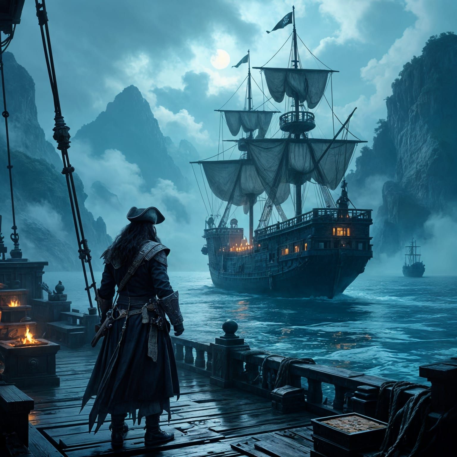 Spectral Pirate Captain on Ghostly Ship: Matte Painting