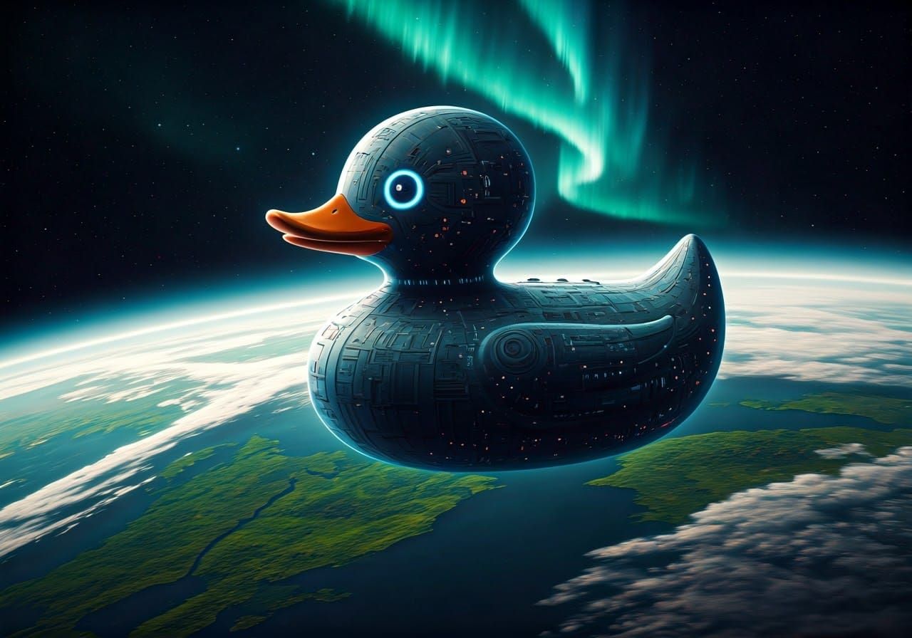 Rubber Duck Starship in Futuristic Orbit