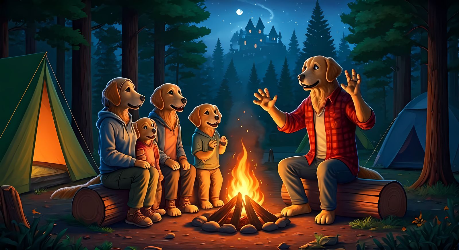 Golden Retriever Family Campfire Ghost Story Illustration