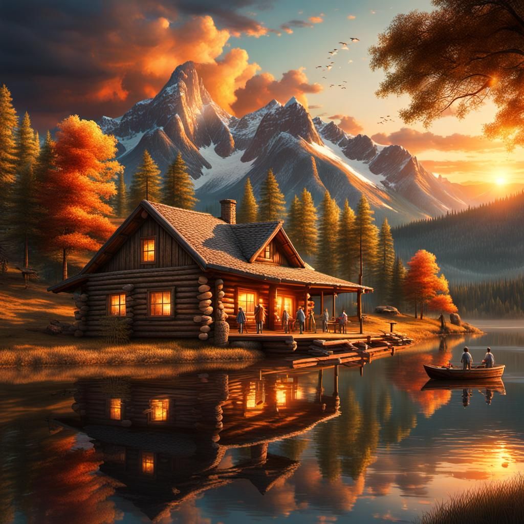 Family Fishing at Sunset by Log Cabin