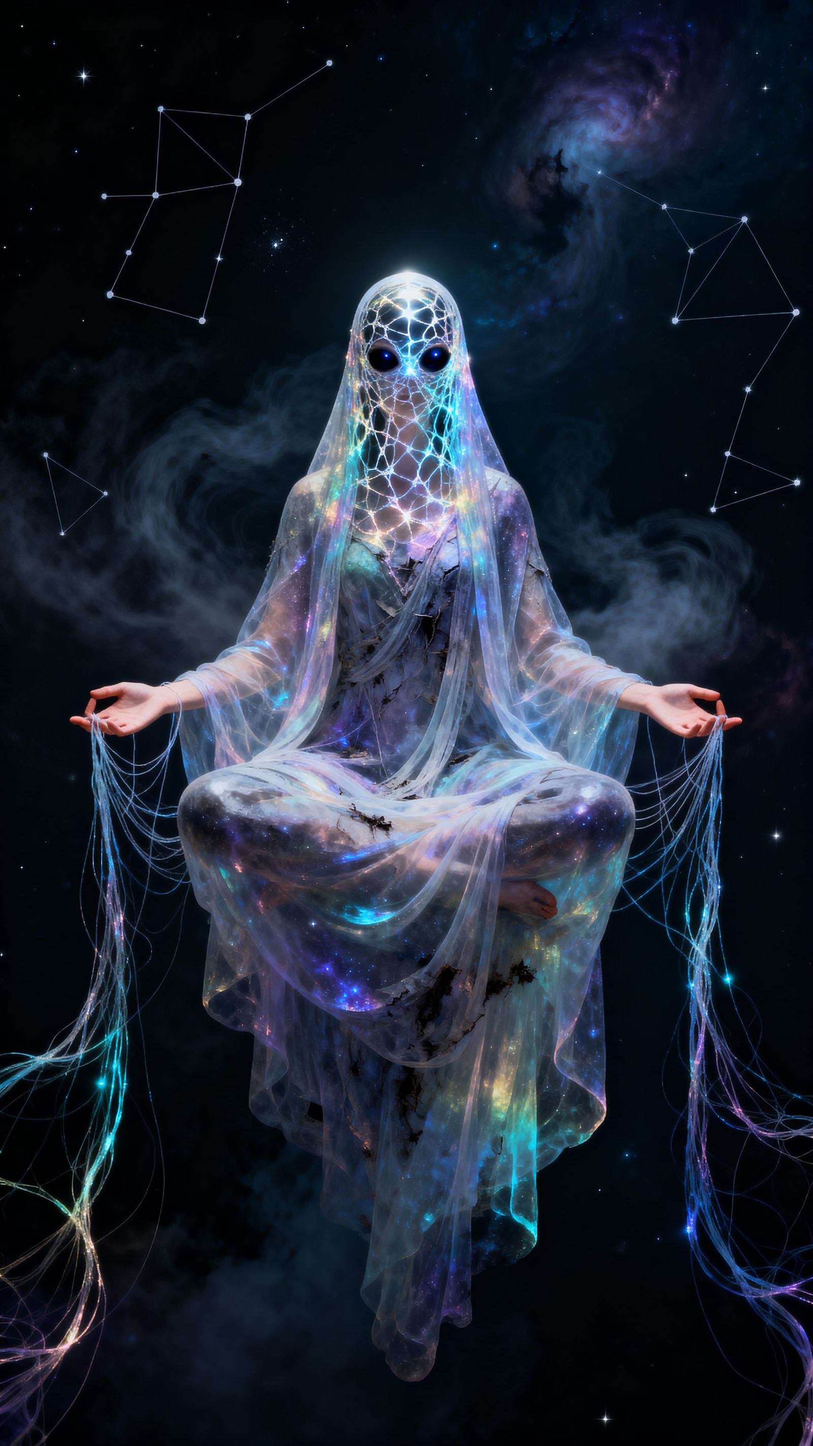 Cosmic Veiled Figure Weaving Fate in Astral Void