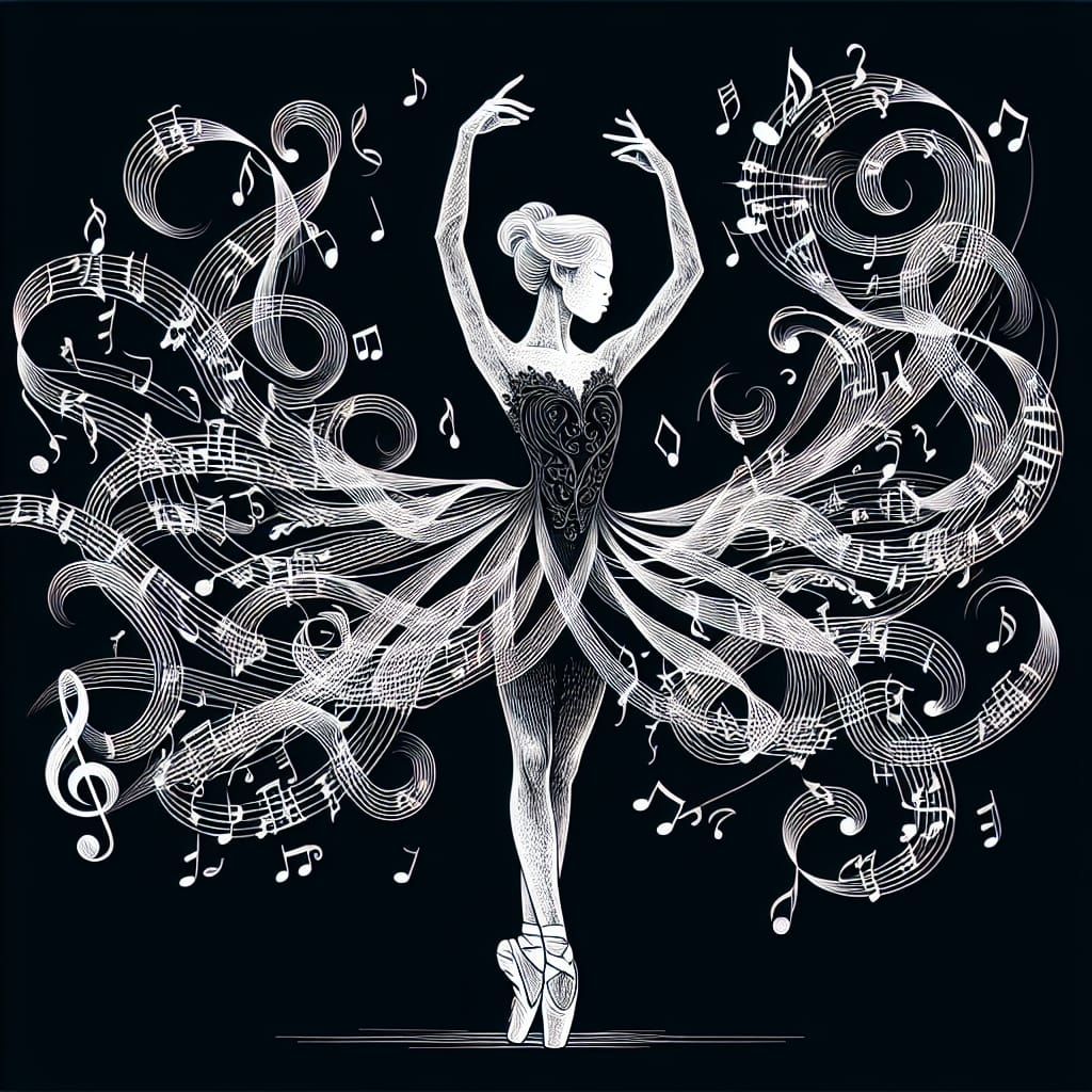 Elegant Ballerina in Line-Art with Musical Notes