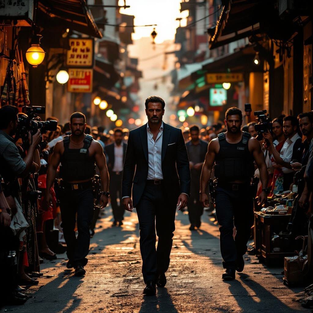 Businessman in Gritty Alleyway with Awestruck Stallholders