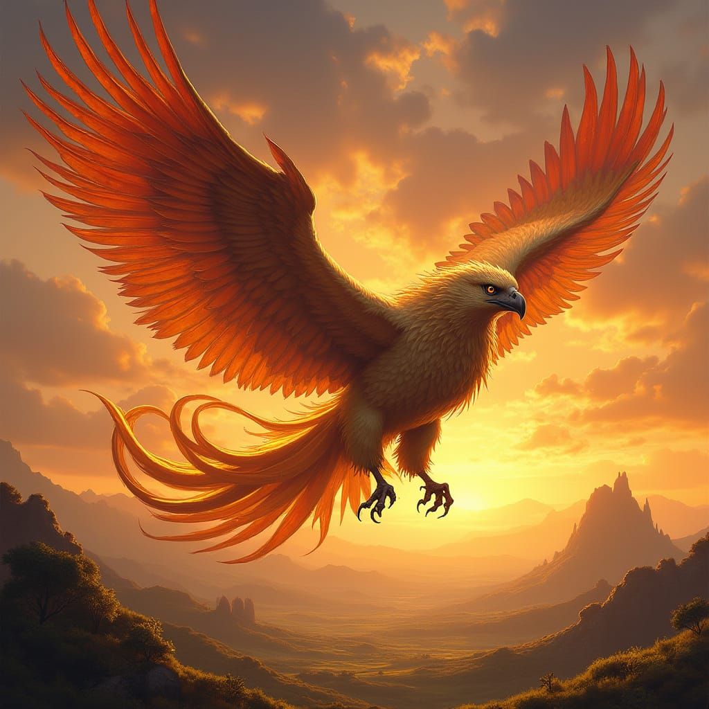 Griffin Soaring at Sunset in Art Nouveau Style