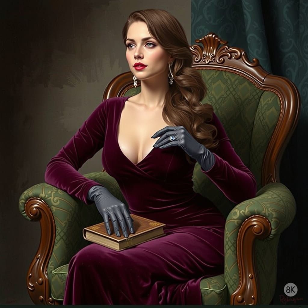 Elegant Woman in Velvet Gown: Oil Portrait