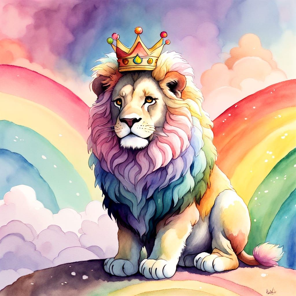 Lion on Rainbow in Kawaii Watercolor Style