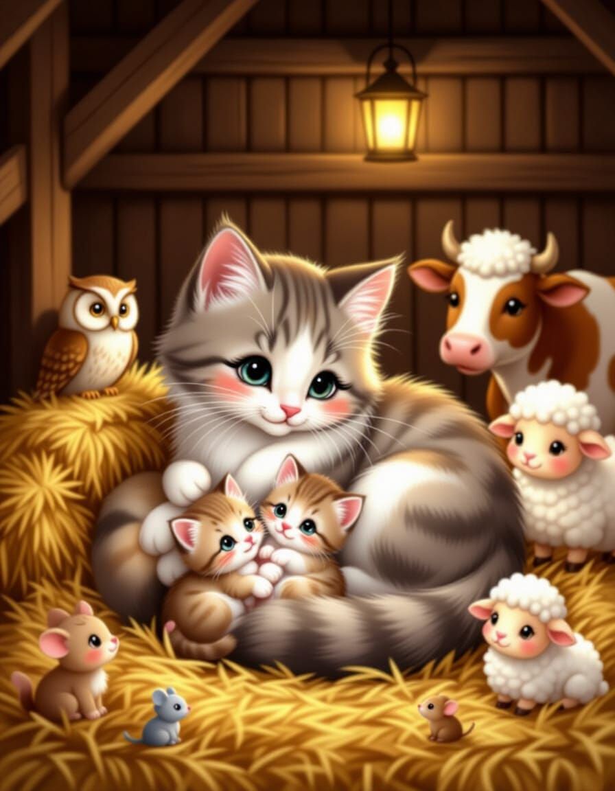 Tender Mother Cat With Kittens in Barn - Precious Moments St...