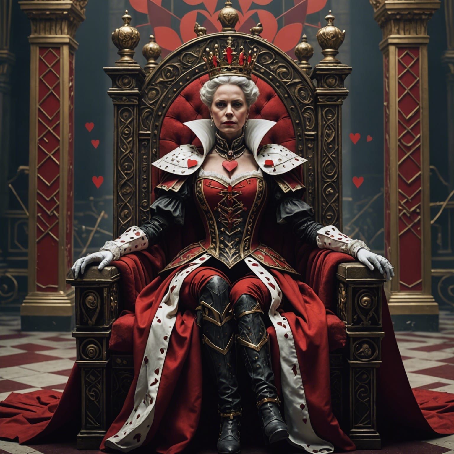 Queen of Hearts sitting on the glorious throne dystopian