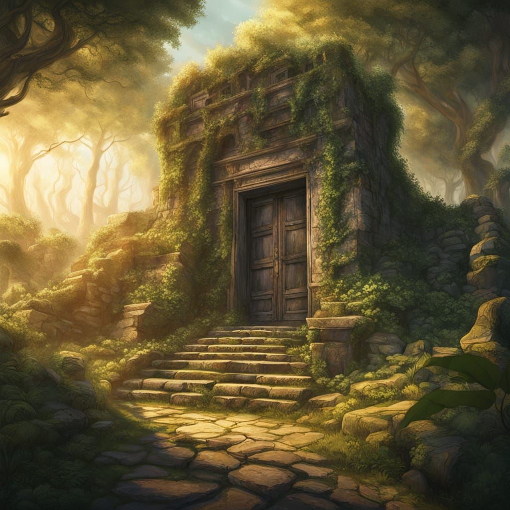 Mystical Forest: Ornate Door in Fantasy Landscape