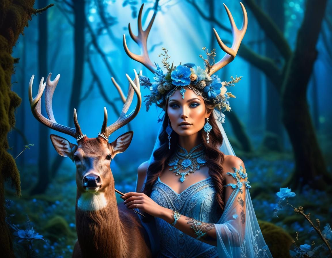 Ethereal Woman with Deer in Enchanted Forest