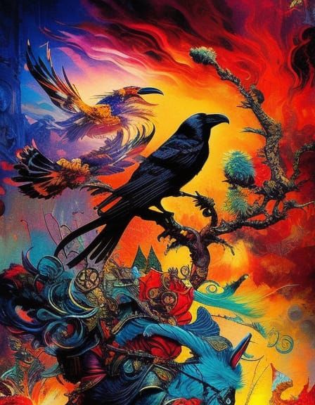 Explosive Raven Art in Fantasycore Style