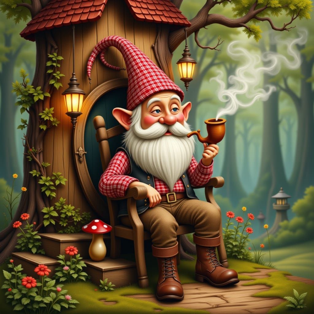 Whimsical Gnome in Forest, Inspired by Arthur Rackham