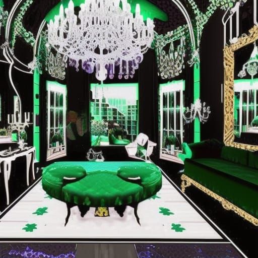 Shimmery Emerald green gothic penthouse with Emerald Chandelier& Black high Gothic ceiling # Black frames& Black Gothic ...