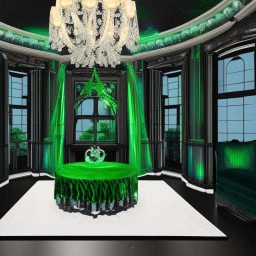Shimmery Emerald green gothic penthouse with Emerald Chandelier& Black high Gothic ceiling # Black frames& Black Gothic ...