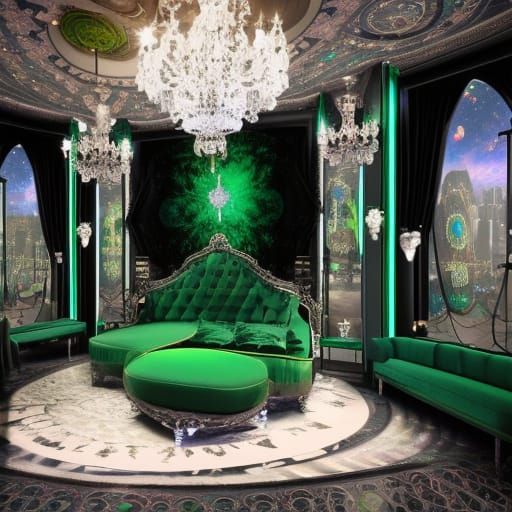 Shimmery Emerald green gothic penthouse with Emerald Chandelier& Black high Gothic ceiling # Black frames& Black Gothic ...