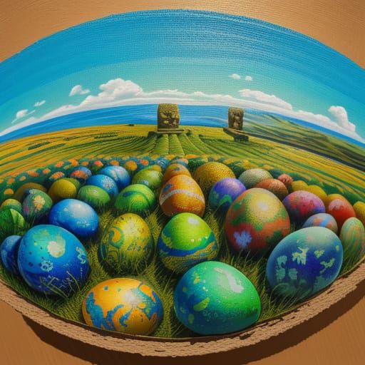 Easter Island with Giant Gouache Eggs in Impressionist Style
