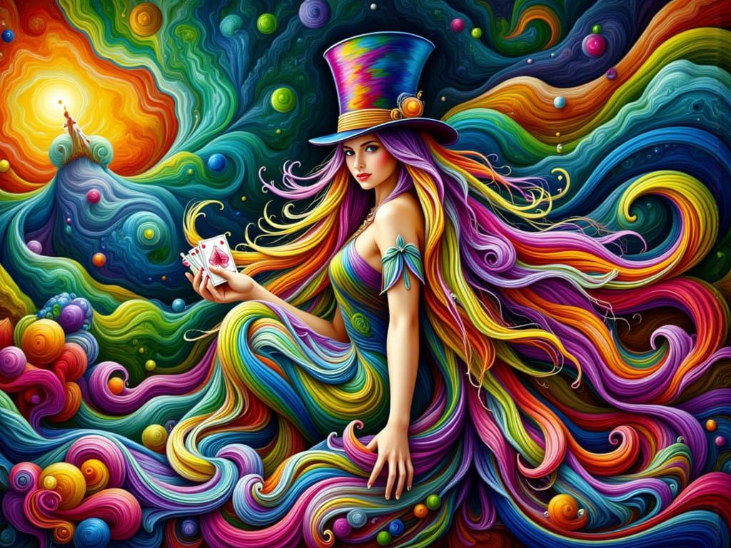 Rainbow Haired Woman Playing Cards in Trash Polka Style