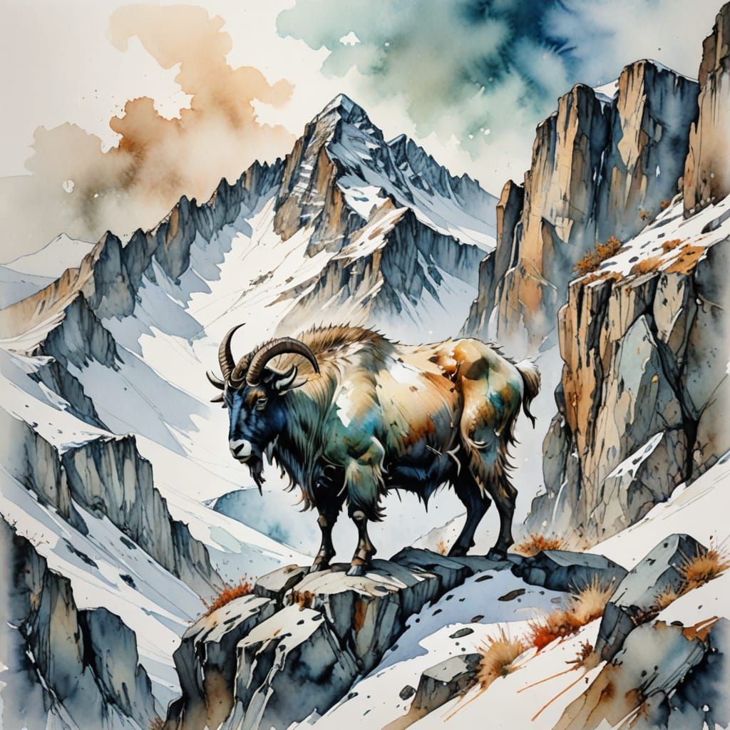 Mountain Goat Standing Firm on Frosty Alpine Pass in Waterco...