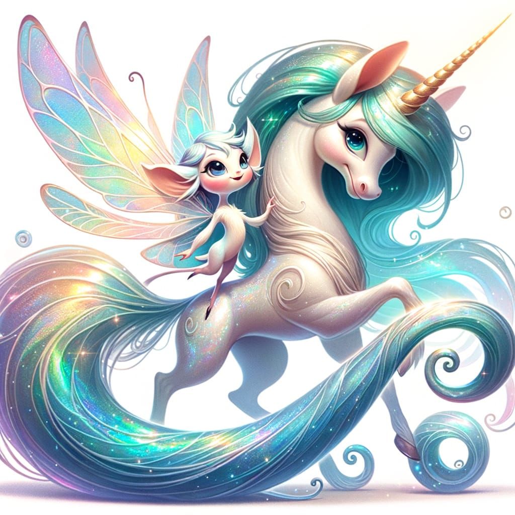Tiny Fairy on Giant Unicorn Horn, Enchanting Fantasy Art