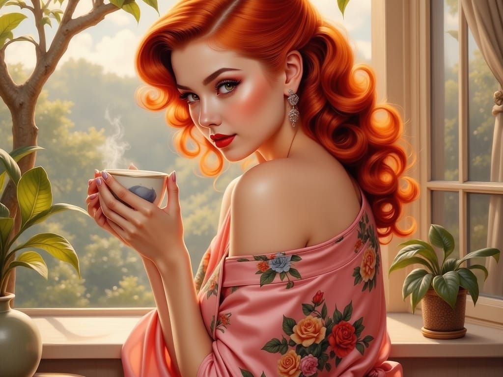 Pinup Woman with Red Hair Drinks Coffee
