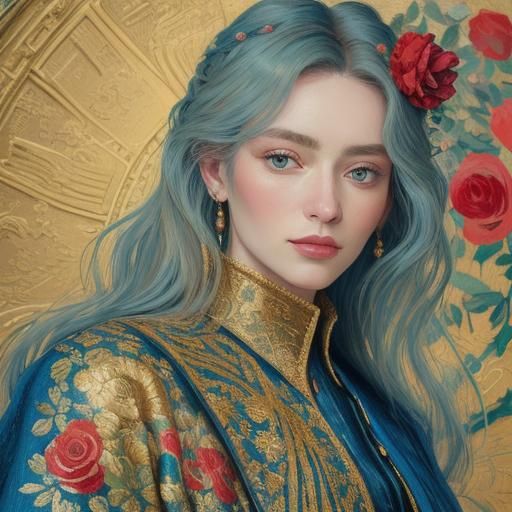 Woman in Klimt-Style Dress with Roses, Oil on Canvas