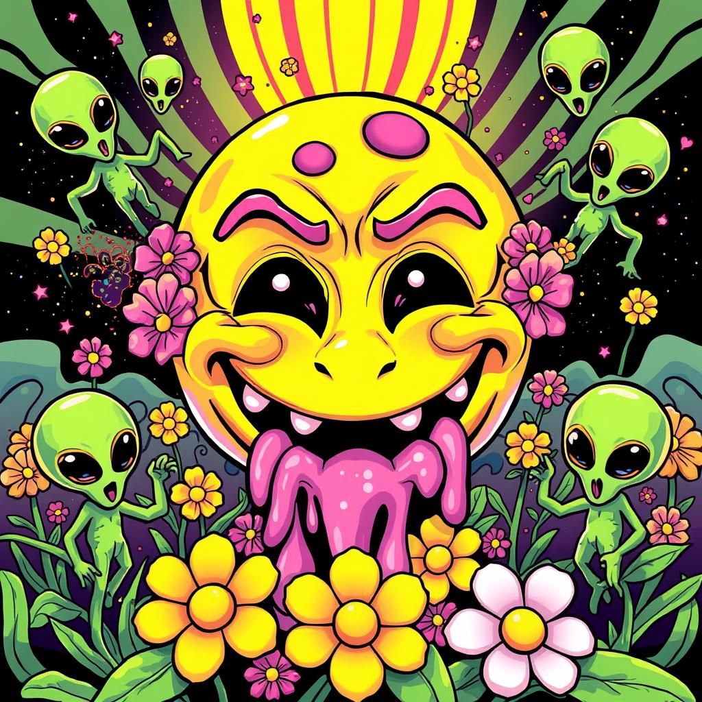 Psychedelic Melting Smiley Face with Aliens
