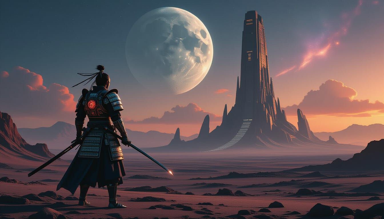 Samurai Warrior on Alien Planet in Cyberpunk Style