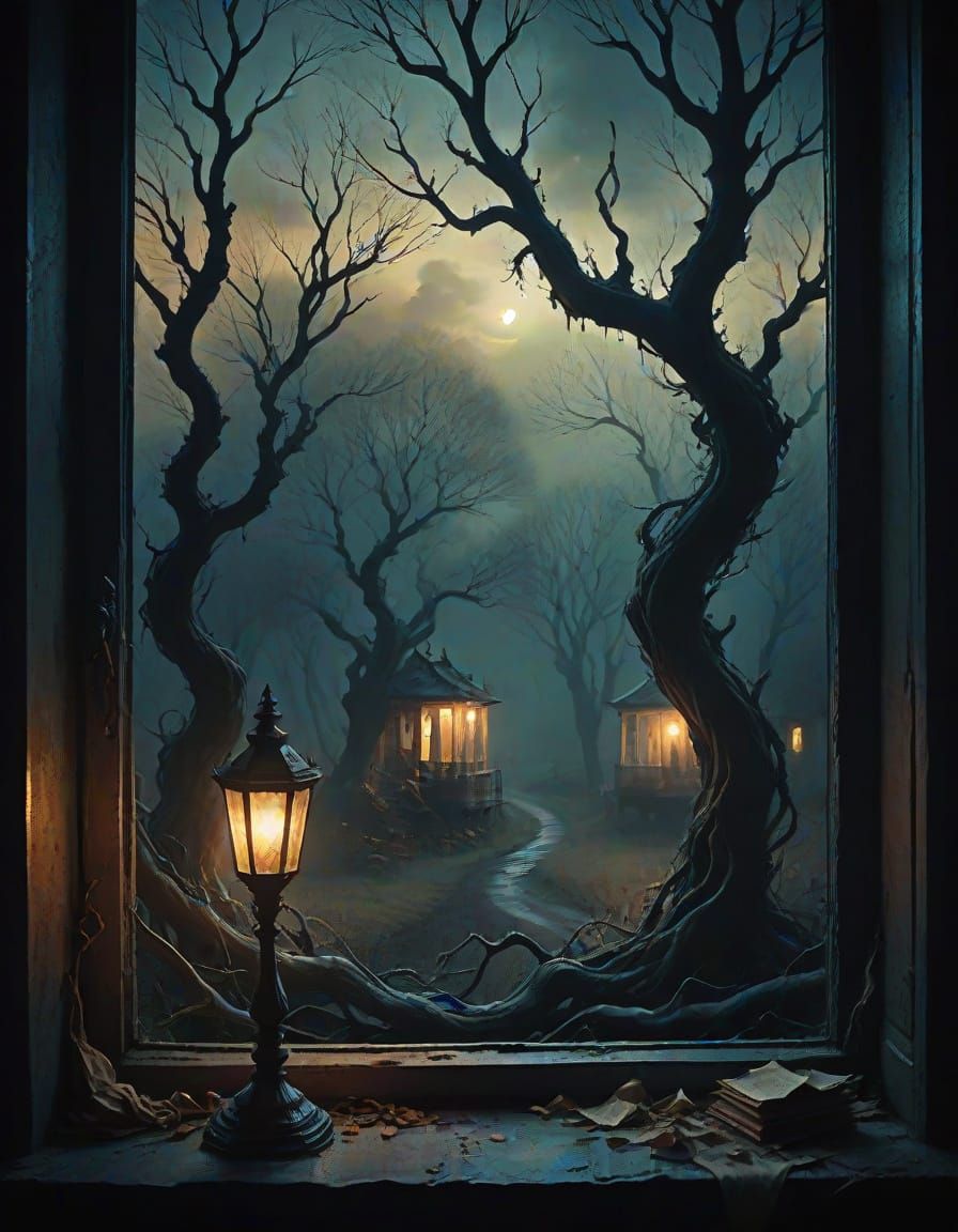 Dreamlike Dark Fantasy Landscape in Impressionist Style