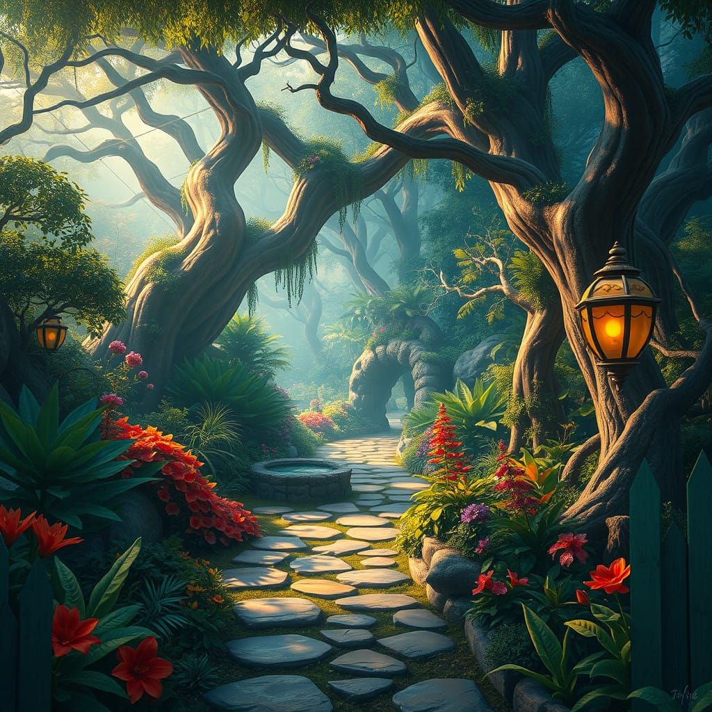 Mystical Garden Oasis in Whimsical Art Style