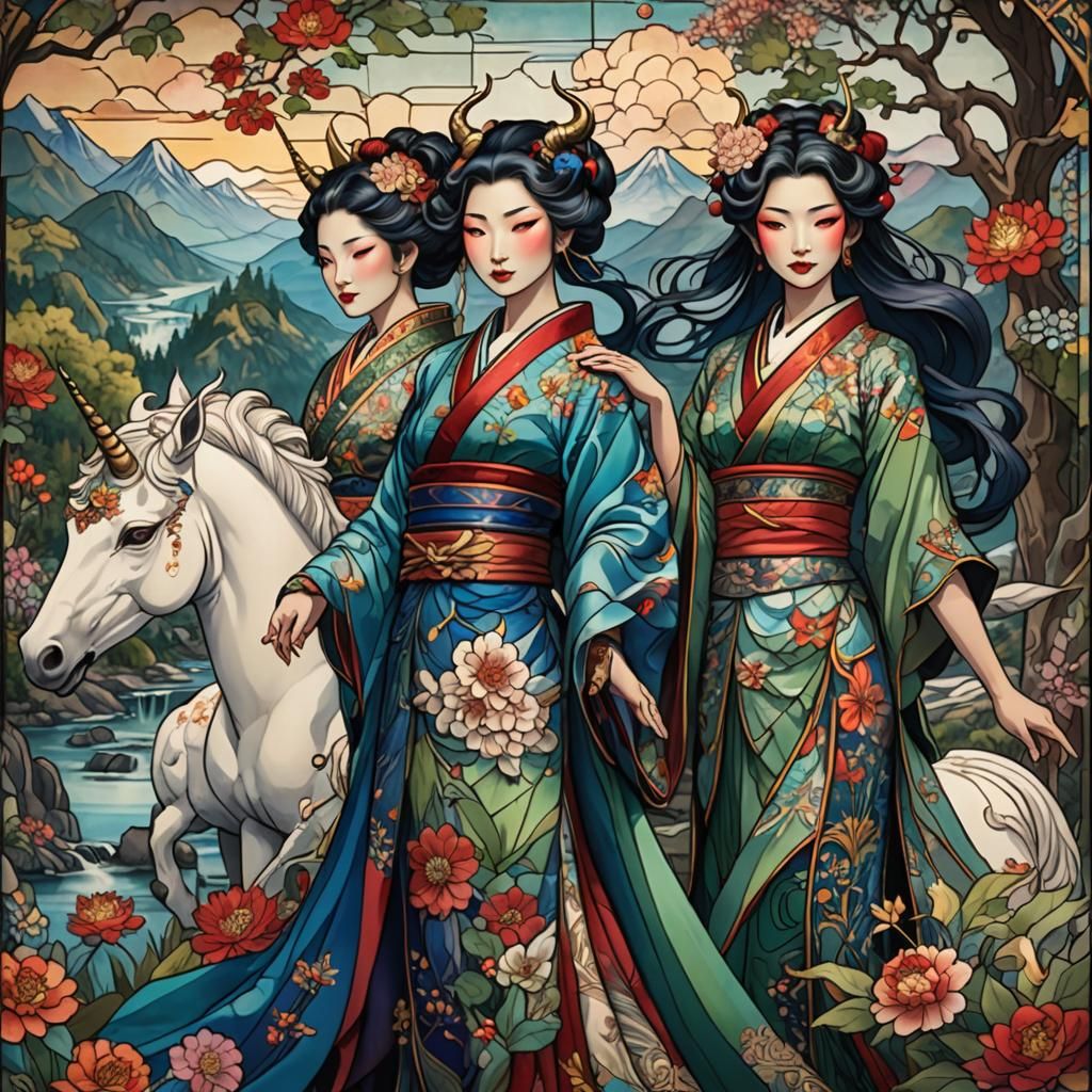 Geishas and Winged Unicorns in Dreamy Landscape