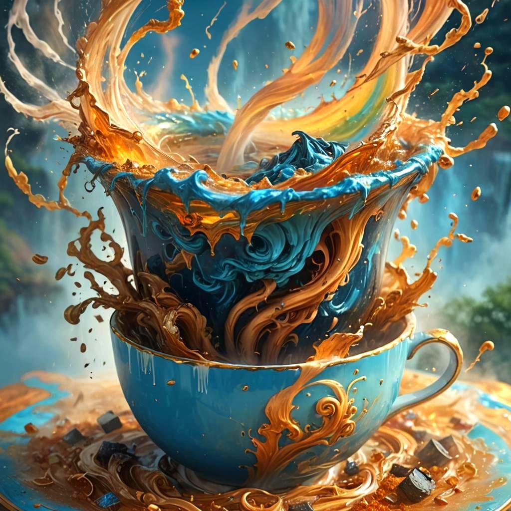 Fantastical Waterfall Scene with Tornado in a Teacup