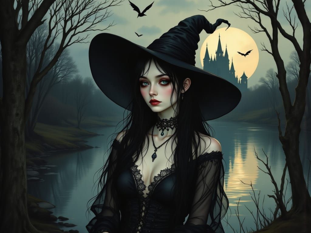 Eerie Witch Under Moonlight in Moody Surrealism