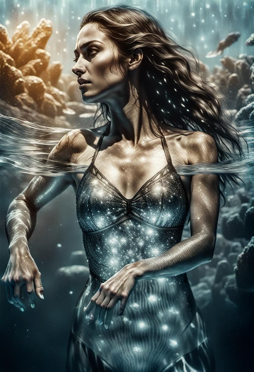 Swimming Woman: Hyperdetailed Charcoal Drawing in Black and ...