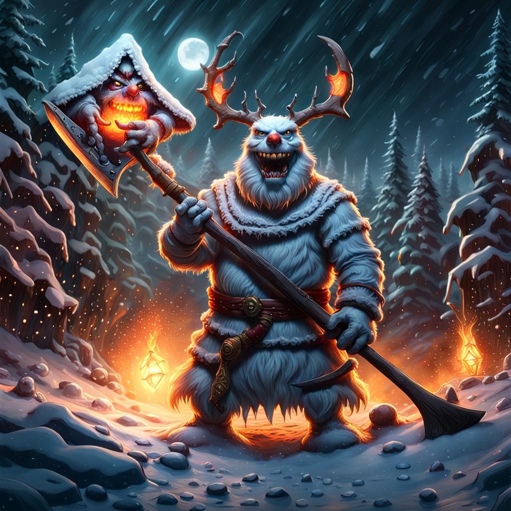 Demonic Snowman with Axe: Dark Fantasy Concept Art