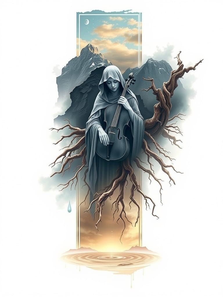 Sacred Mountain Chain with Celestial Sky and Veiled Goddess