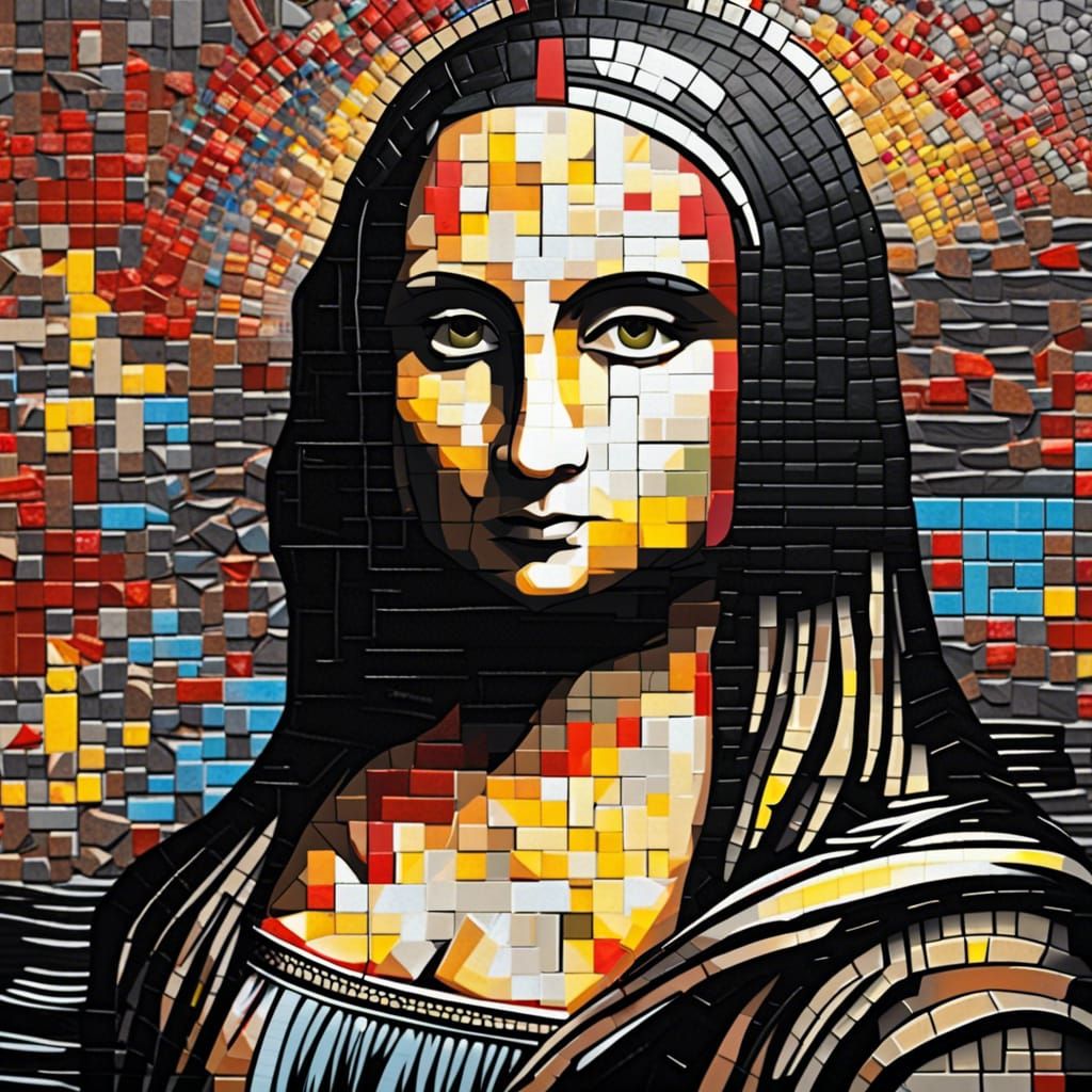 Mosaic art of Mona Lisa using shades of black, white, red and yellow