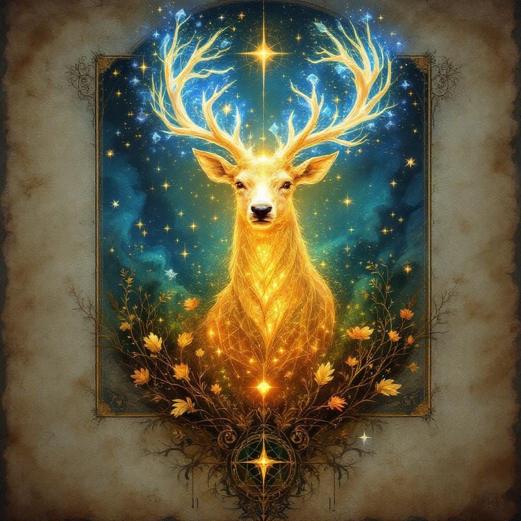 Luminous Stag Emerges from Ancient Vellum Pages