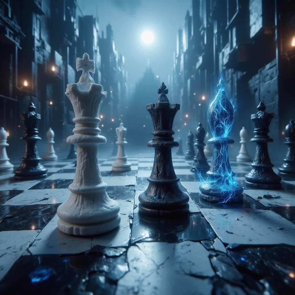 Chessboard with Three Kings in Surreal Digital Art Style
