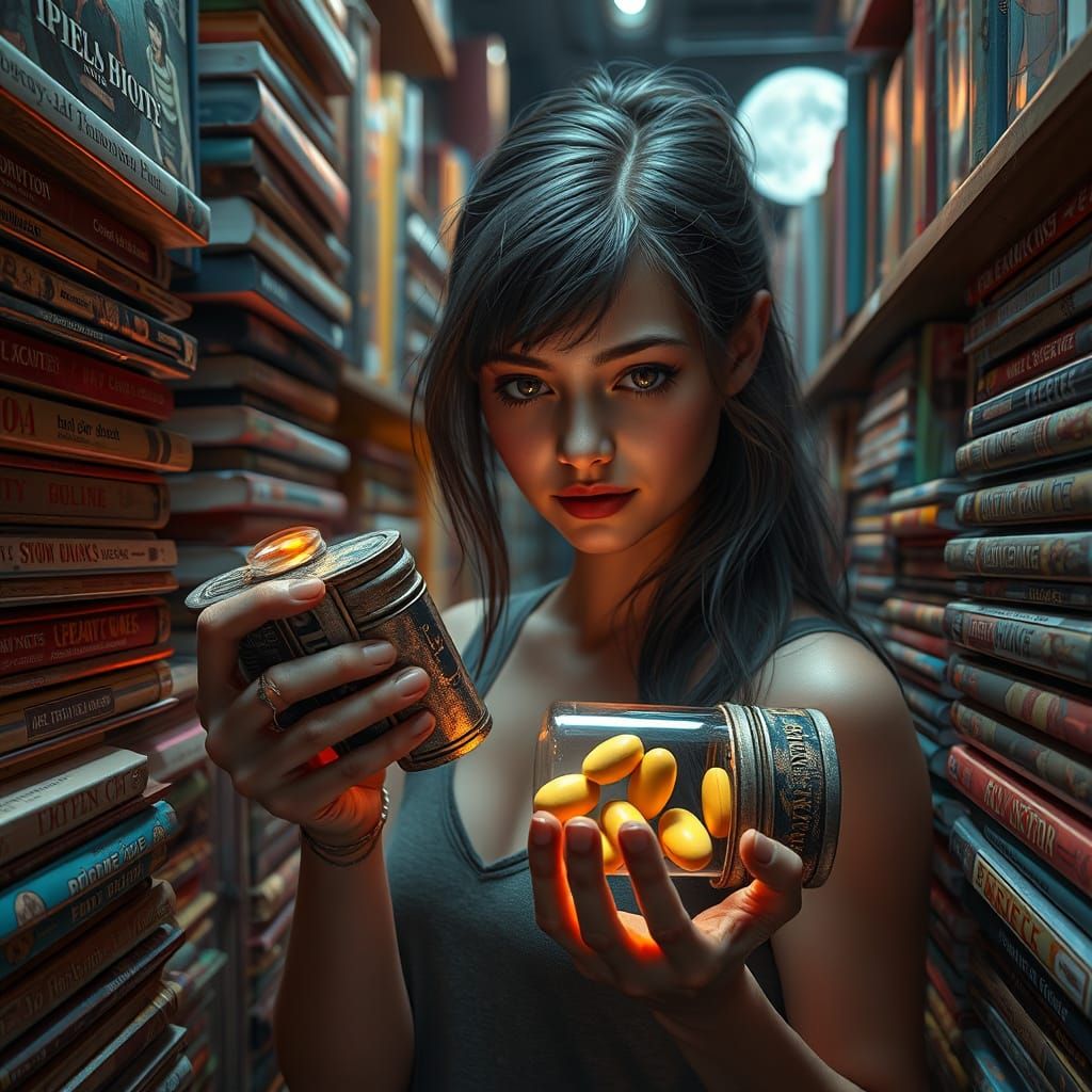 A Young Woman Browses Graphic Novels in a Comic Shop with a ...