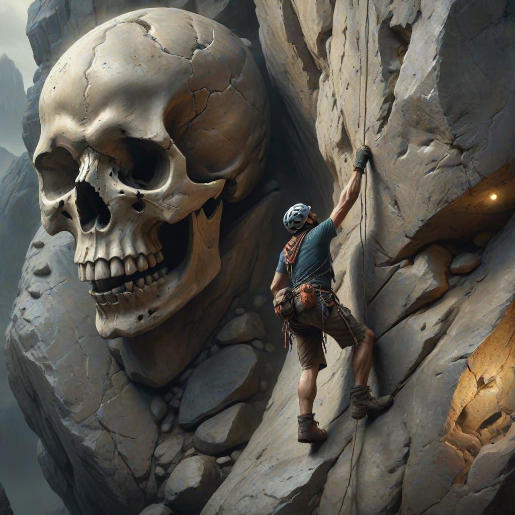 Lone Climber Ascends Giant Stone Skull