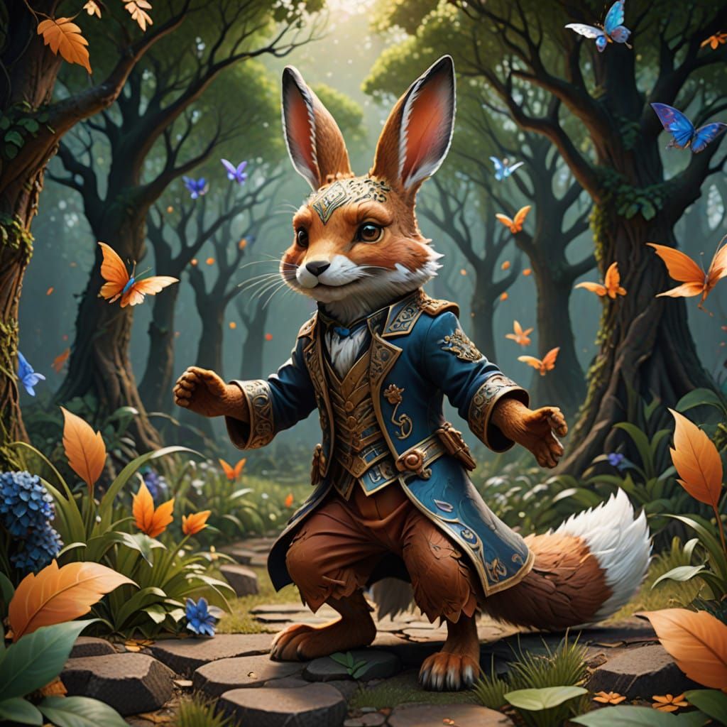 Rabbit fox dance leaves motif