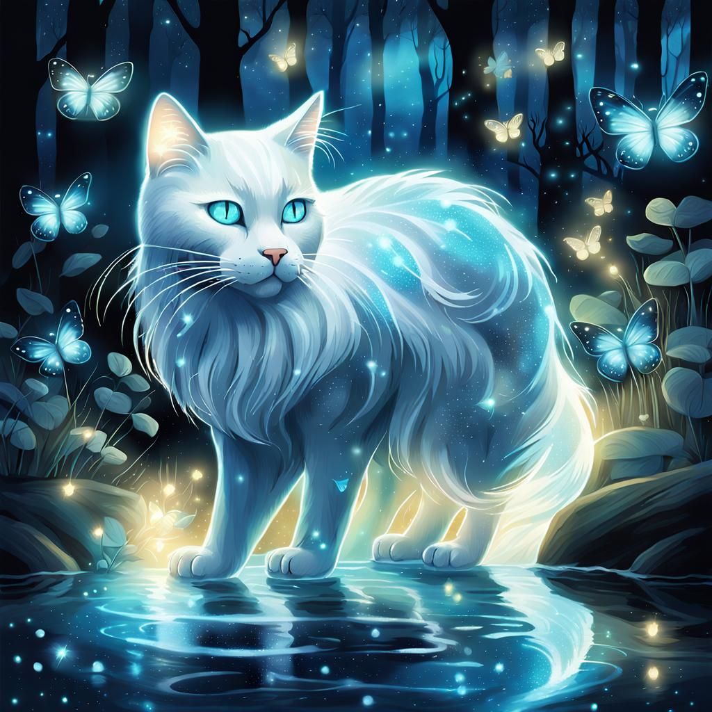 Bioluminescent Spirit Cat in Enchanted Forest