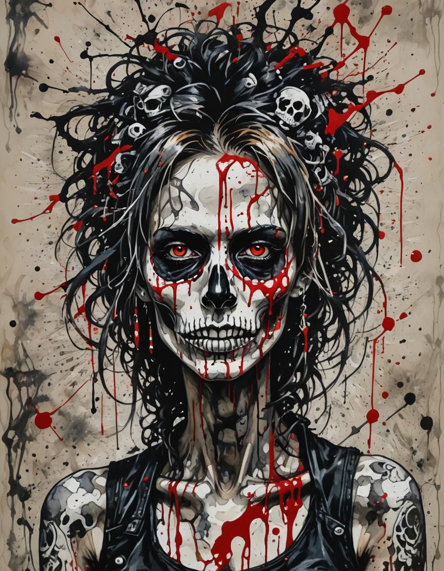 Skull-Faced Punk Rocker in Surreal Ink Painting