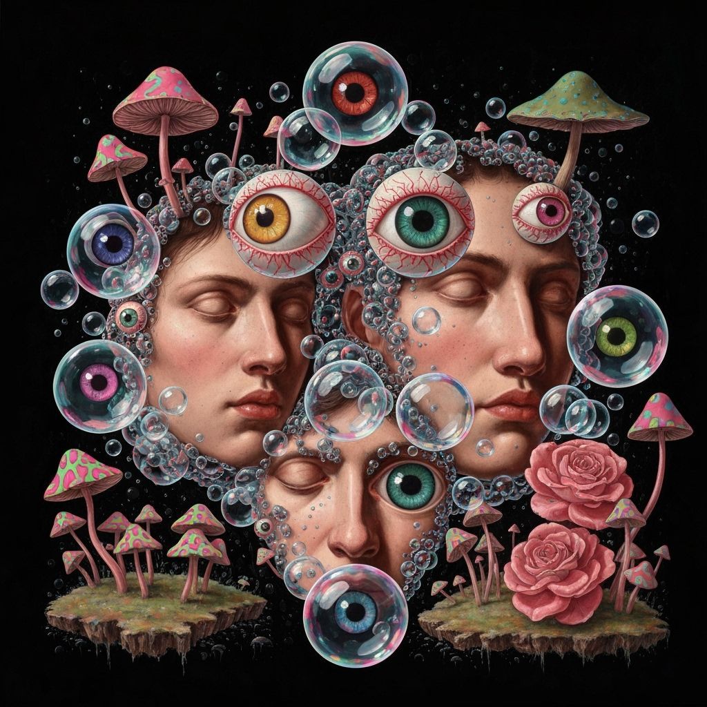 Psychedelic Faces Amidst Crystal Bubbles and Eyes in Caravag...