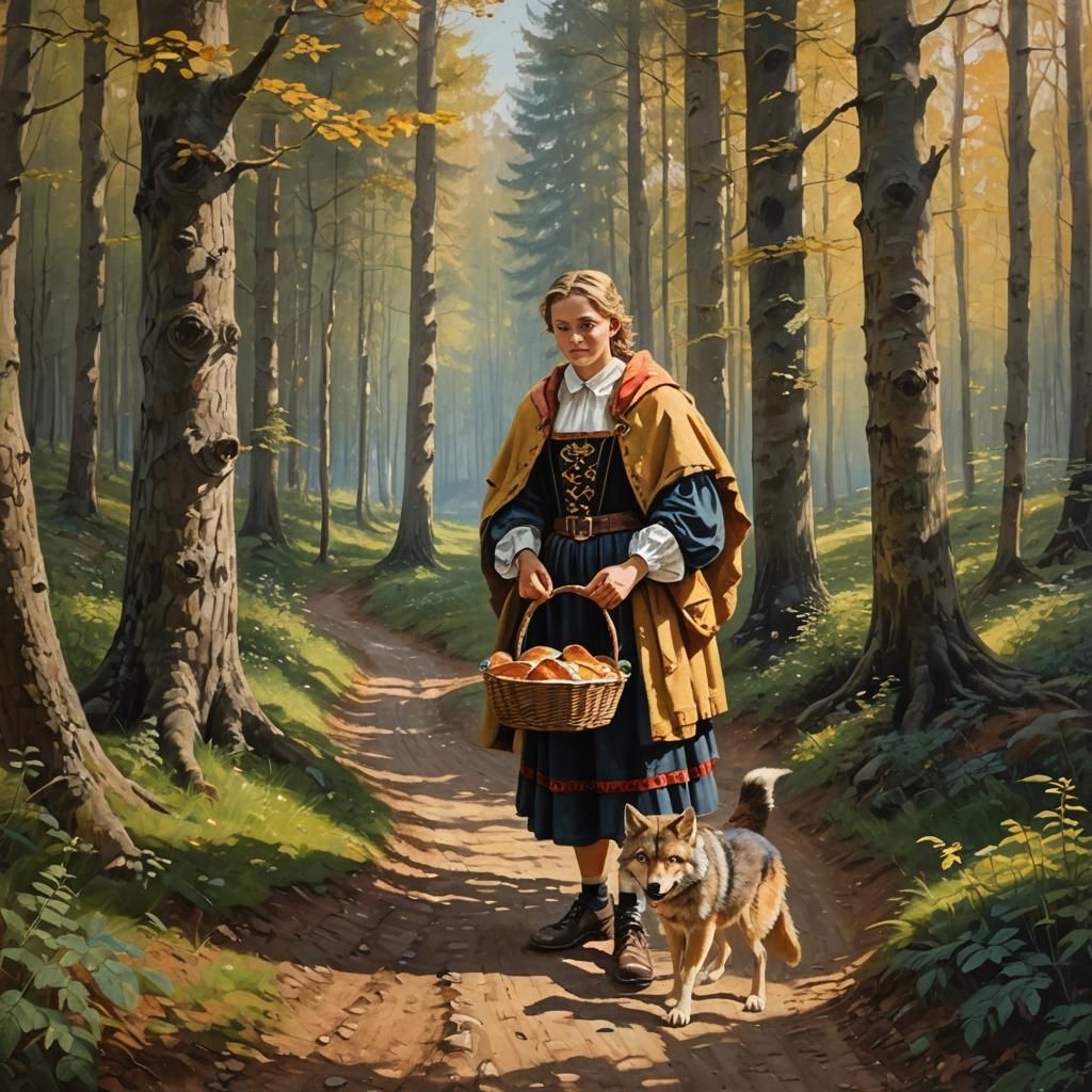 Little Red Riding Hood Meets Wolf: Oil Painting