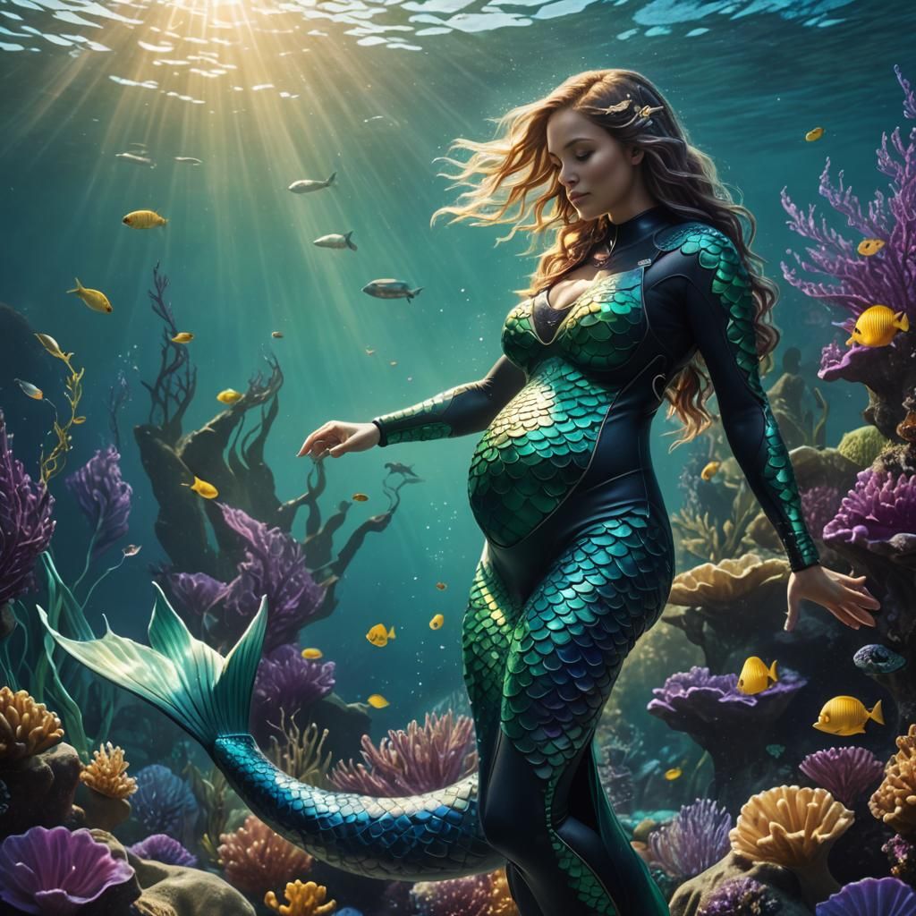 Pregnant Mermaid in Underwater Fantasy Art